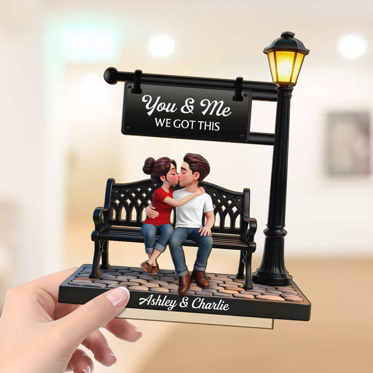 Everlasting Love Couple Sitting Kissing Under Lamp Post - Personalized 2-Layered Wooden Plaque - Heartfelt Gift For Couple