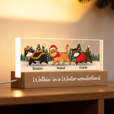 Christmas Cats Walking In A Winter Wonderland - Personalized Acrylic Block Plaque LED Night Light