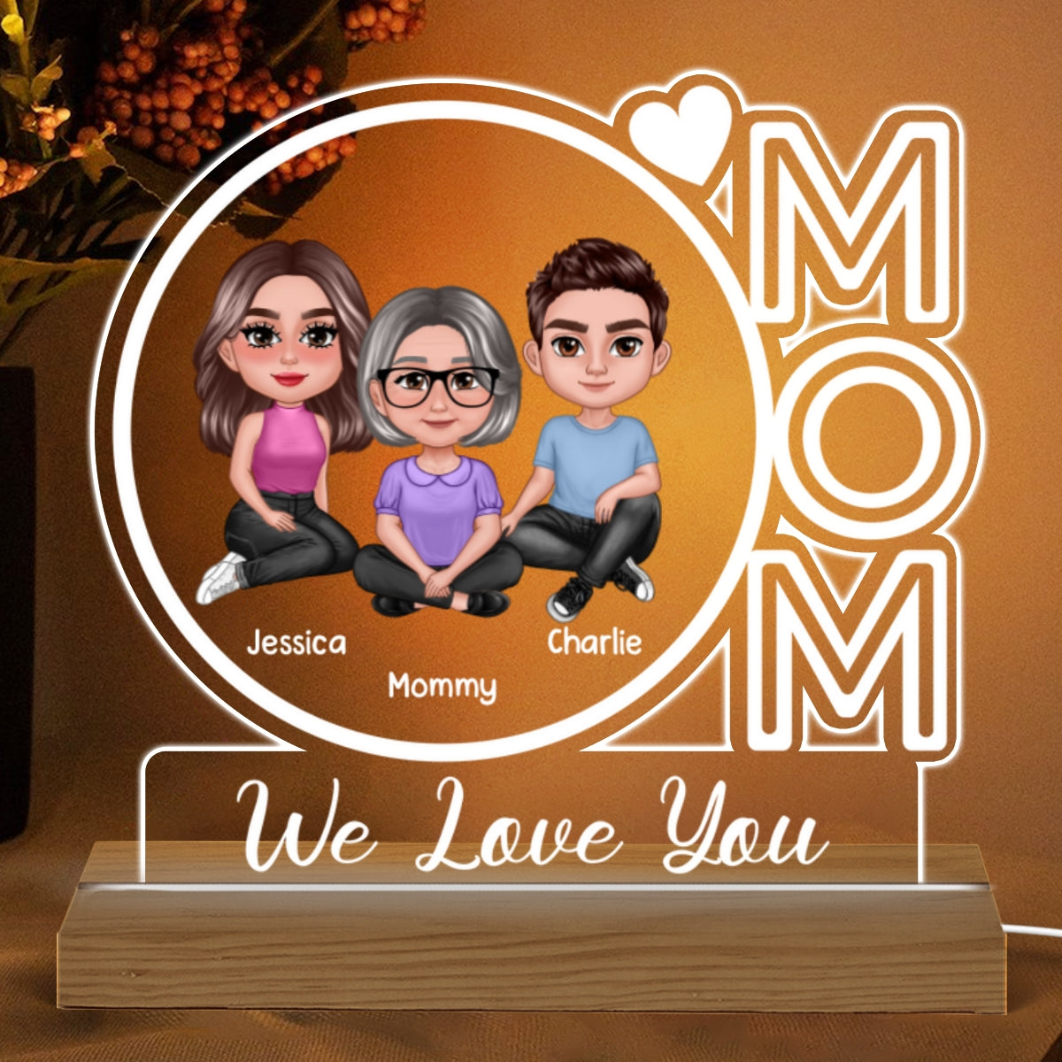 Mom We Love You Pretty Woman & Children Personalized Custom Shape Acrylic Plaque With Warm LED Night Light