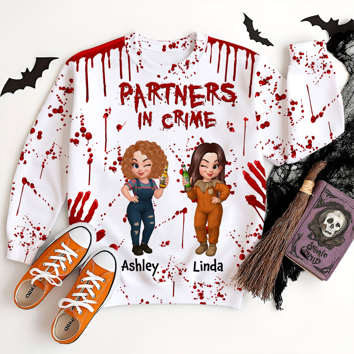Spooky Halloween Partners In Crime Besties Sisters Personalized 3D Sweatshirt