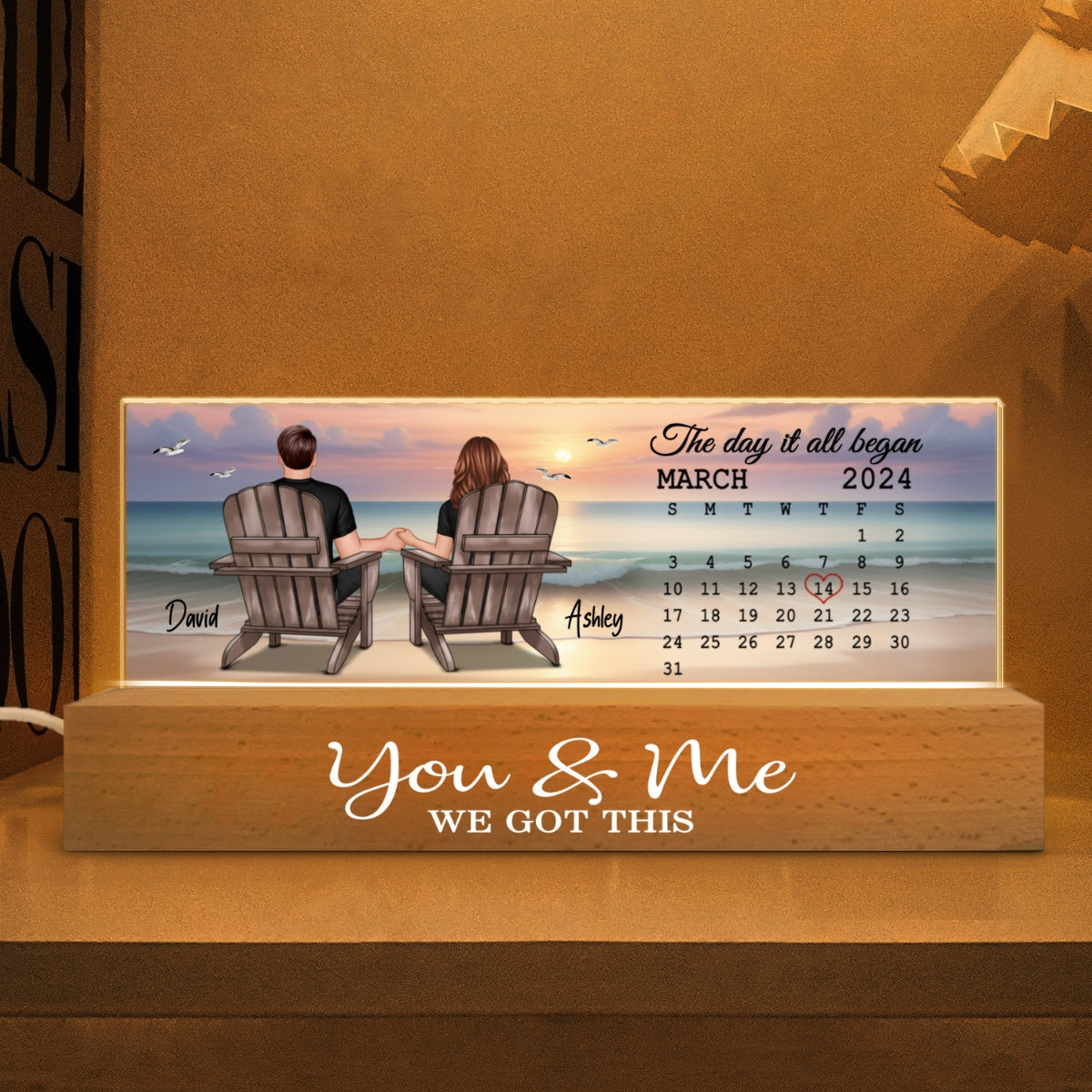 Eternal Sunset Beach Couple Back View Anniversary Calendar Personalized Acrylic Block LED Night Light