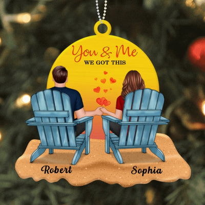 Back View Couple Sitting Beach Landscape Personalized Wooden Ornament