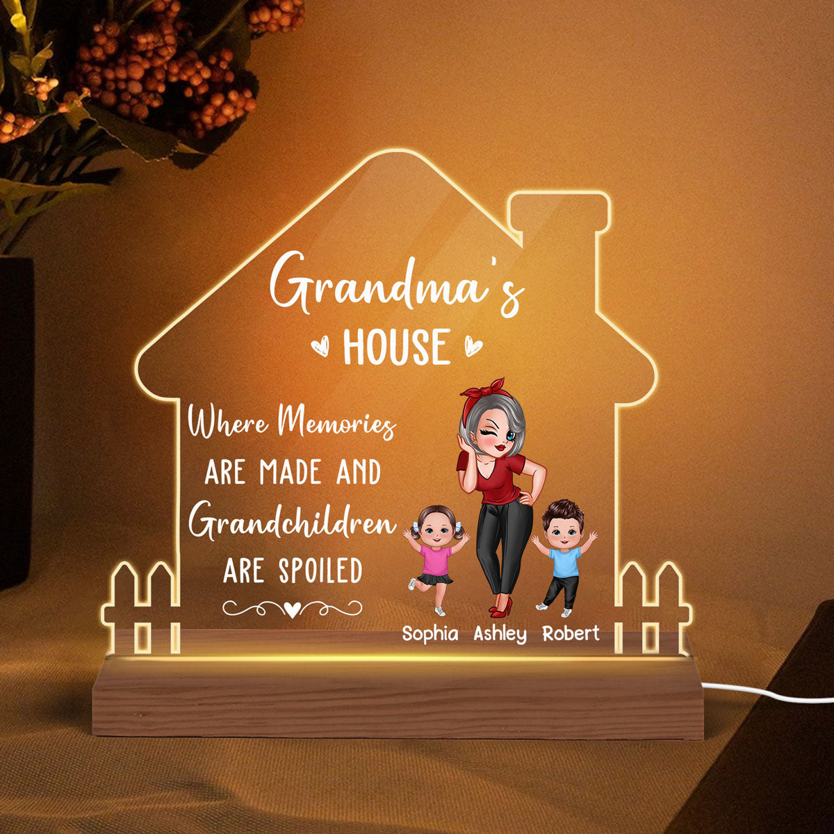 Grandma‘s Home Spoiled Kids Sassy Girl Happy Kids Personalized Custom Shape Acrylic Plaque LED Night Light