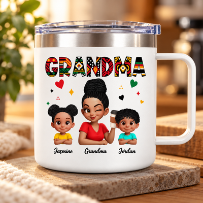 Tribal Pattern Grandma Grandkids Love - Personalized Stainless Steel Tumbler With Handle - Gift For Grandma