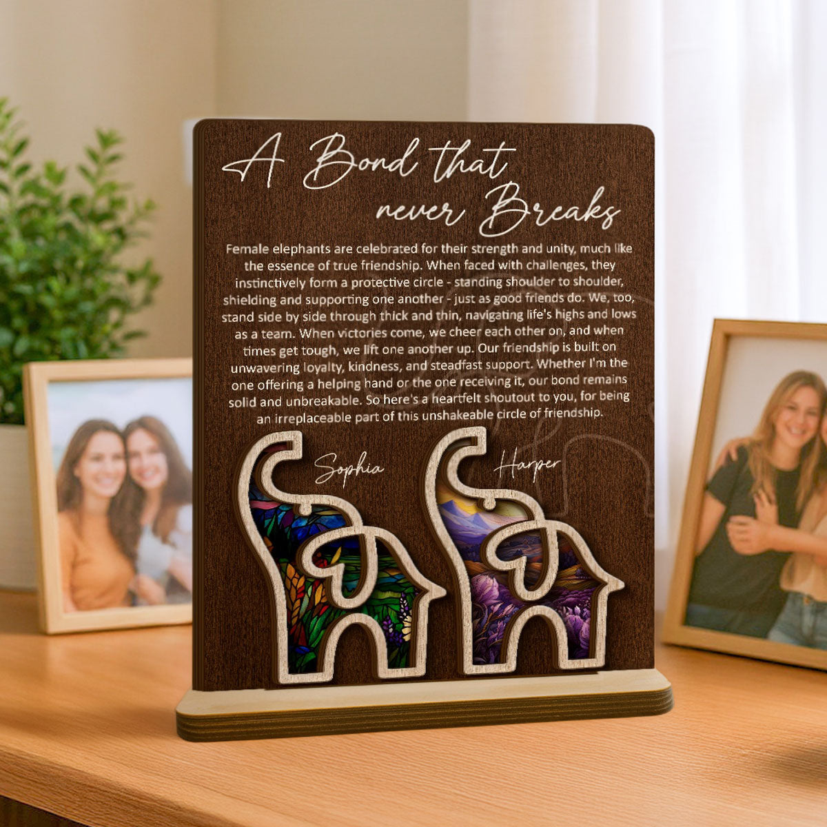 Elephant Friendship Story Besties Special Bond Personalized 2-Layer Standing Wooden Plaque, Birthday Gift, Friendship Gift For Best Friends