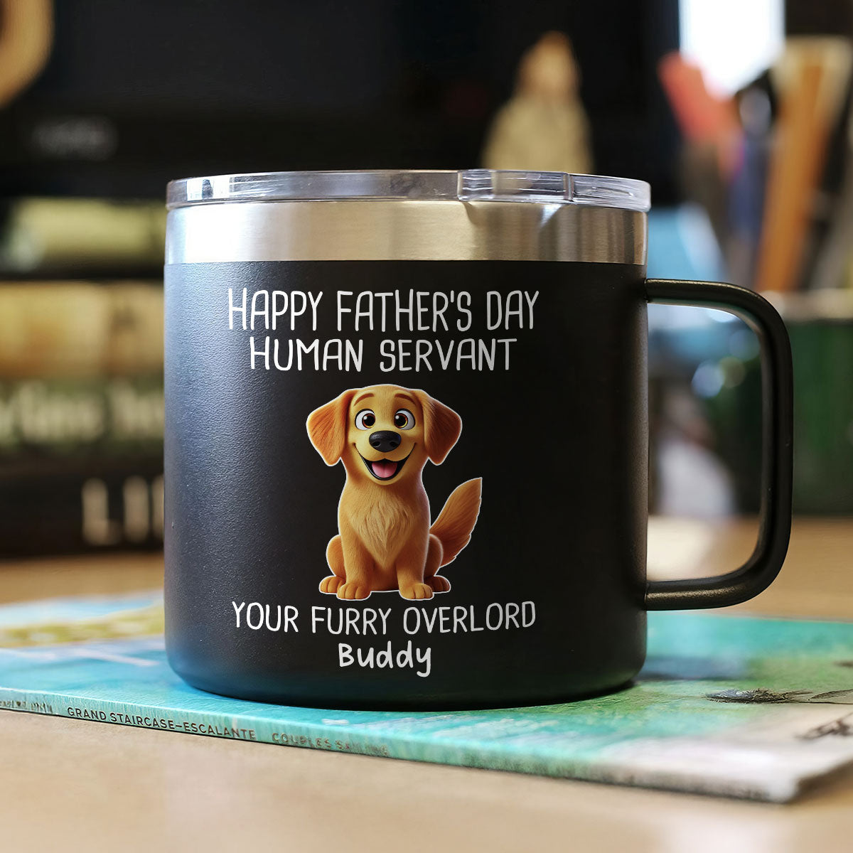 Happy Father's Day Human Servant Cartoon Funny Dogs Personalized Stainless Steel Tumbler With Handle