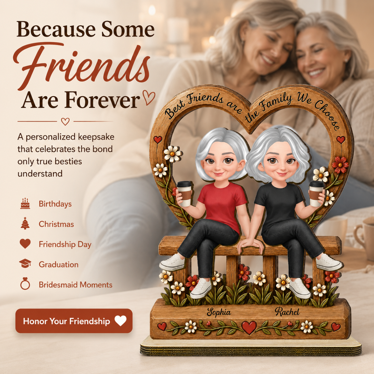 Floral Besties Best Friends Are The Family We Choose - Personalized 2-Layered Wooden Plaque - Birthday Gift, Gift For Best Friends