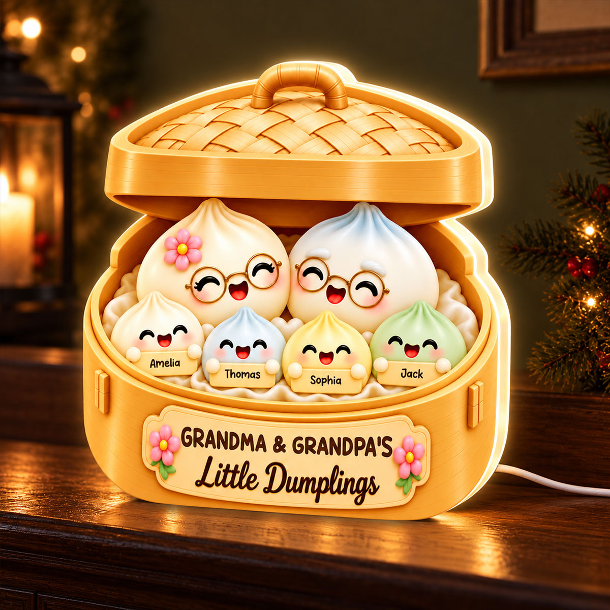 Cute Dumplings Grandma Grandpa and Grandkids - Personalized Light Box - Christmas Gift for Grandparents, Christmas Decor For Grandpa, Grandma