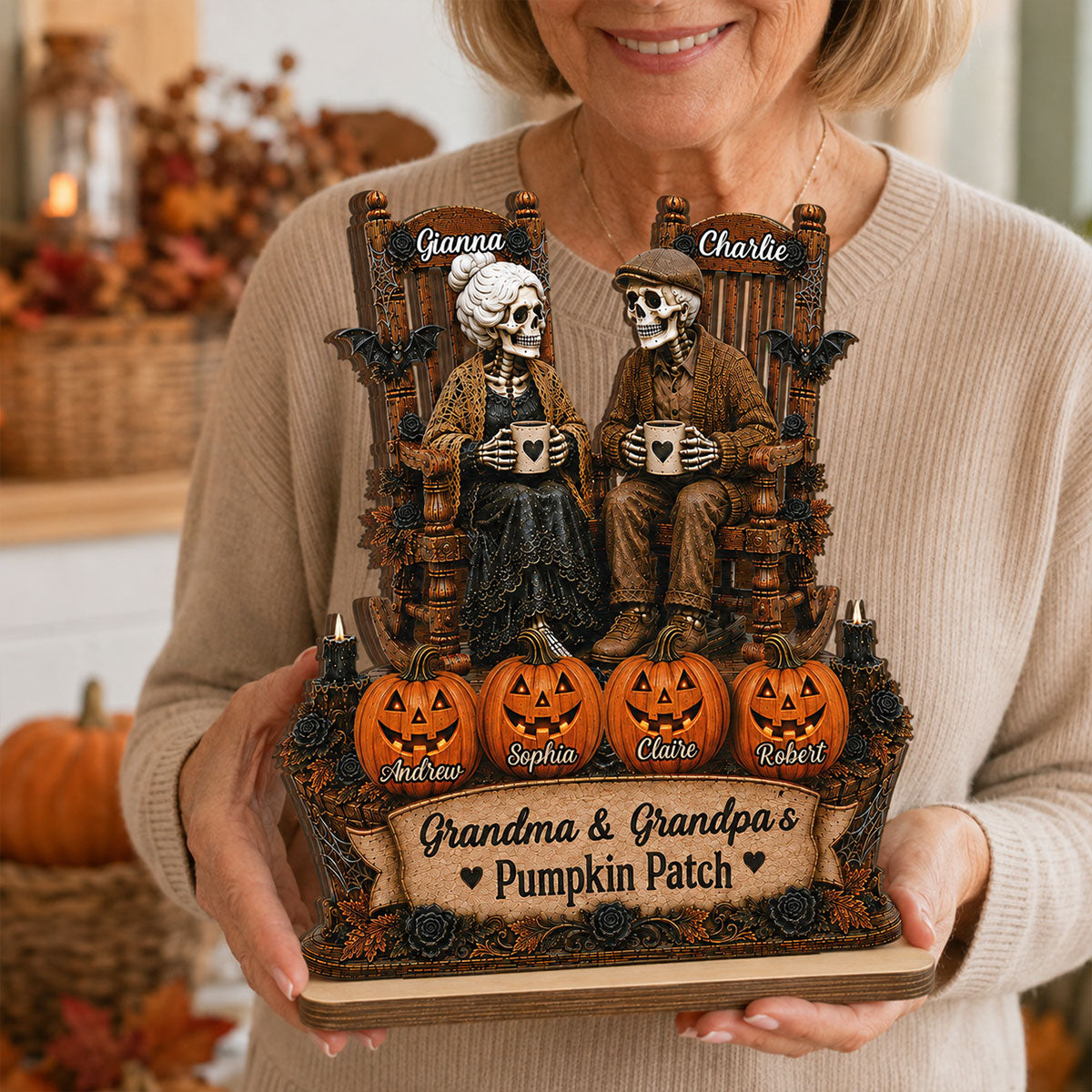 Grandma Grandpa Skeleton Pumpkin Patch 2D Flat - Personalized Wooden Plaque - Halloween Gift