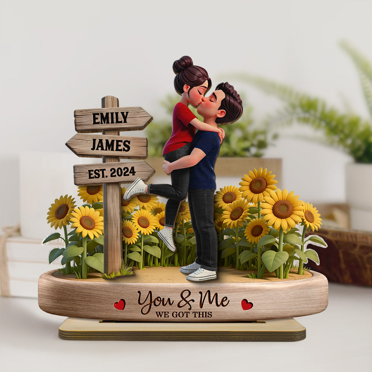 Everlasting Love Couple Hugging Kissing Sunflower Field Sign Posts - Personalized 2-Layered Wooden Plaque - Valentine's Day Gift For Couple