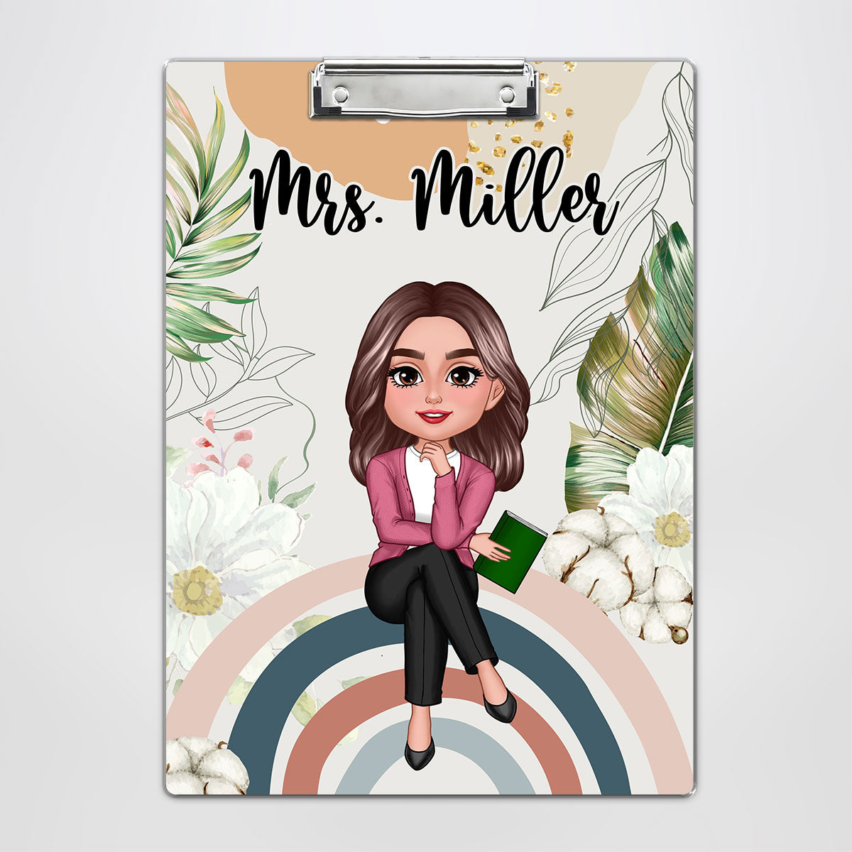 Teacher Sitting On Rainbow Personalized Clipboard, Gift For Teacher, Teacher Appreciation Gift, Back To School Gift