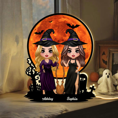 Witch Besties Under Halloween Moon Tabletop Wicca Pagan Decor Personalized Light Box, Halloween Decor
