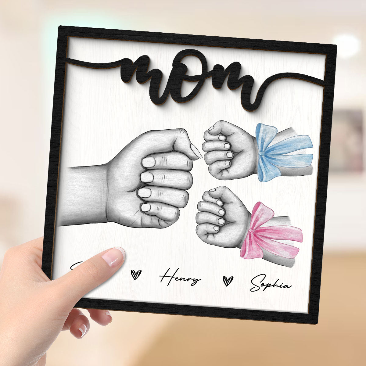 Mom And Kids Fist Bump With Bows Gift For Mom Personalized 2-Layer Wooden Plaque
