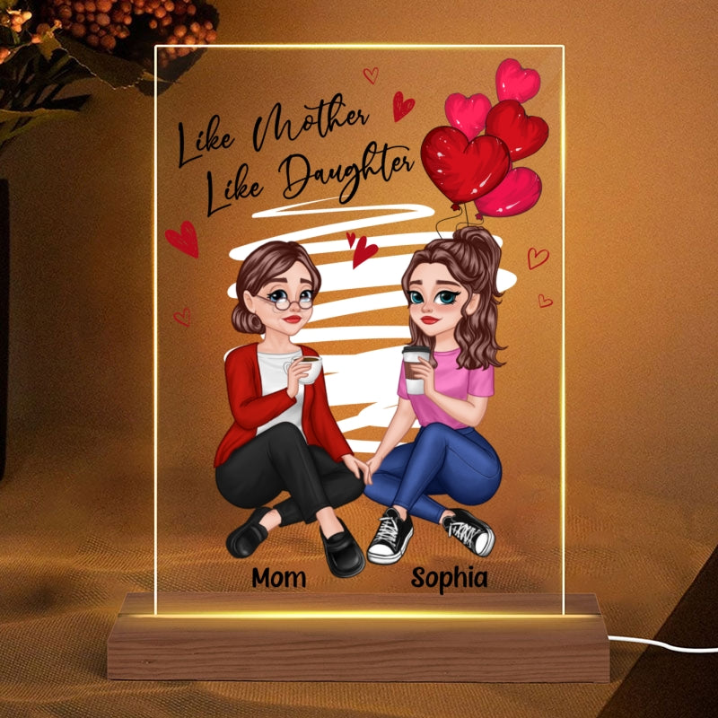 Red Hearts Pretty Cartoon Mother & Daughters Personalized Rectangle Acrylic Plaque With LED Night Light