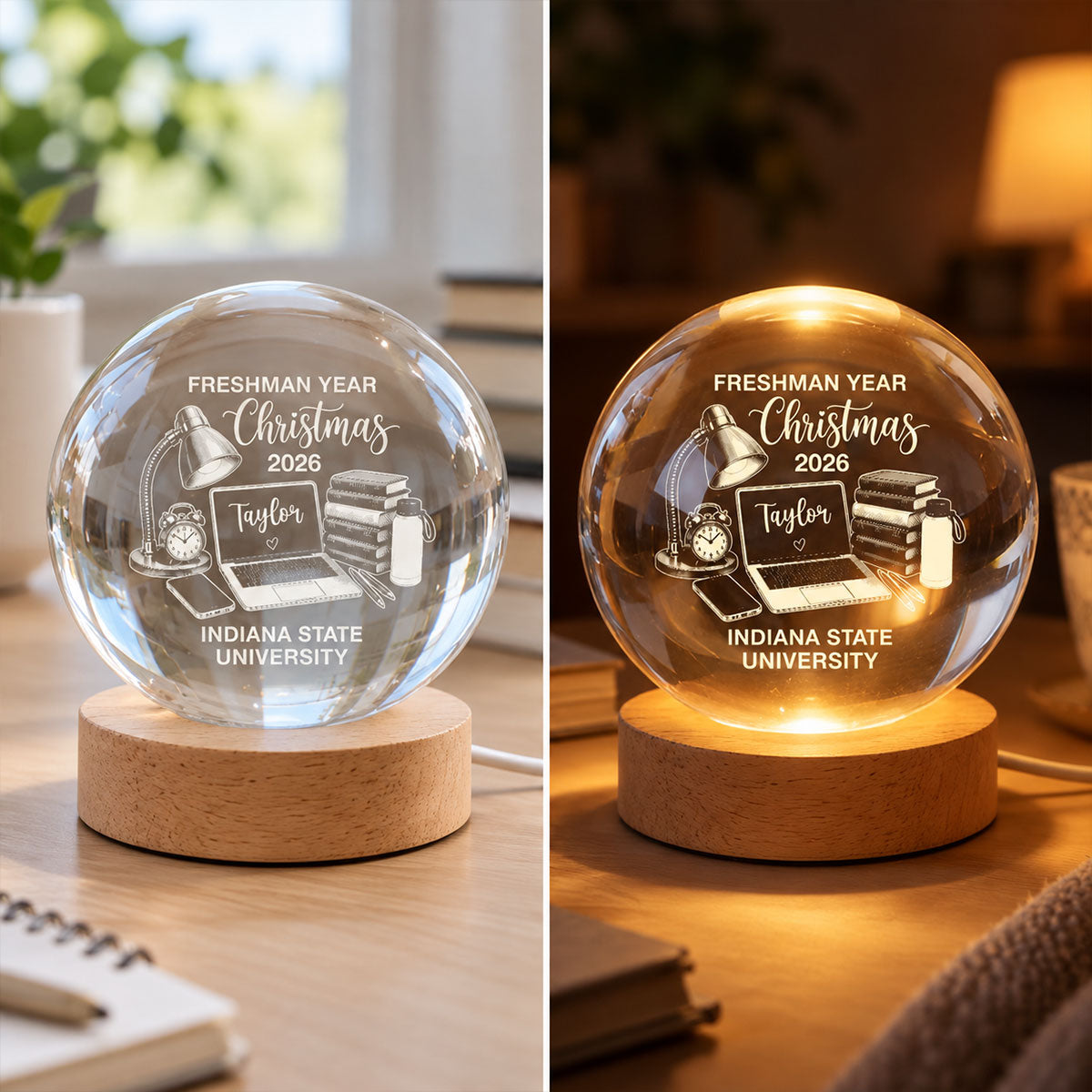 Freshman Year Christmas Study Desk – Personalized Crytal Ball Night Light – College Student Christmas Gift, First Year Keepsake