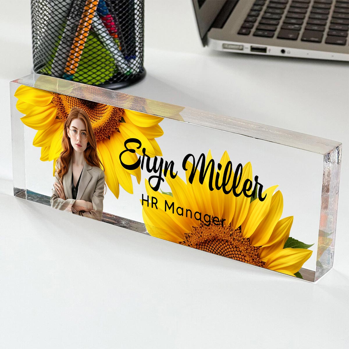 Upload Photo Daisy Flowers Blank Personalized Acrylic Desk Name Plate, Gift For Colleagues, Coworkers, Boss, Nurses, Doctors