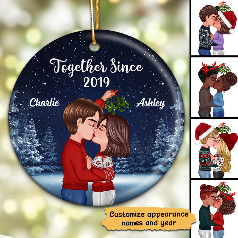 Couple Kissing Under Mistletoe Christmas Night Personalized Circle Ornament