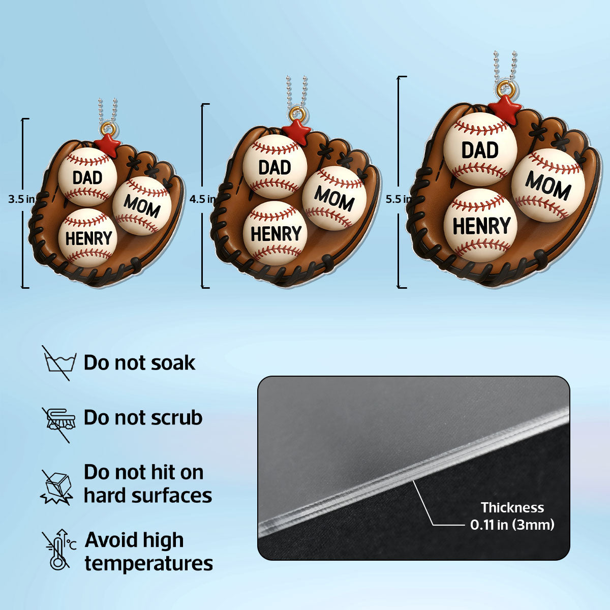 3D Effect Baseball, Softball Gloves Family Members' Names Personalized Acrylic Ornament, Christmas Tree Decoration