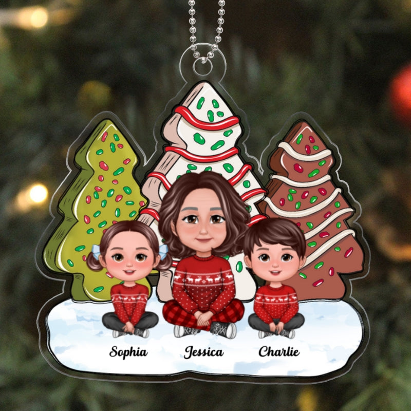 Christmas Tree Cake Pattern Grandma Grandkids Sitting Personalized Acrylic Ornament