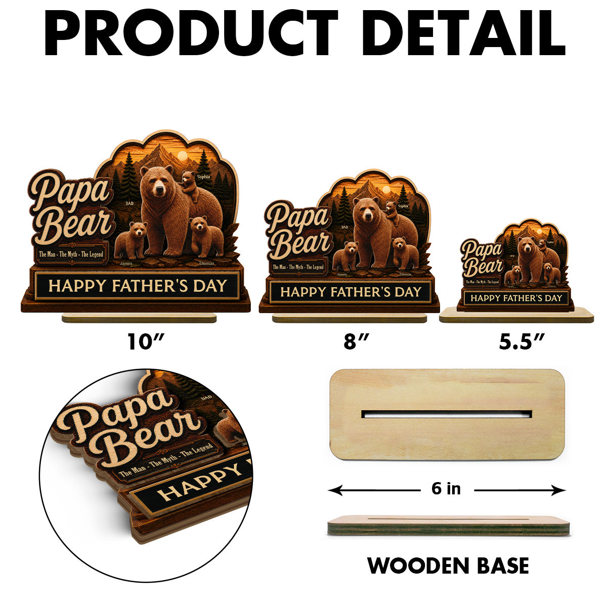 Papa Bear The Man The Myth The Legend 2D Flat - Personalized 2-Layered Wooden Plaque - Father's Day Gift For Husband, Dad