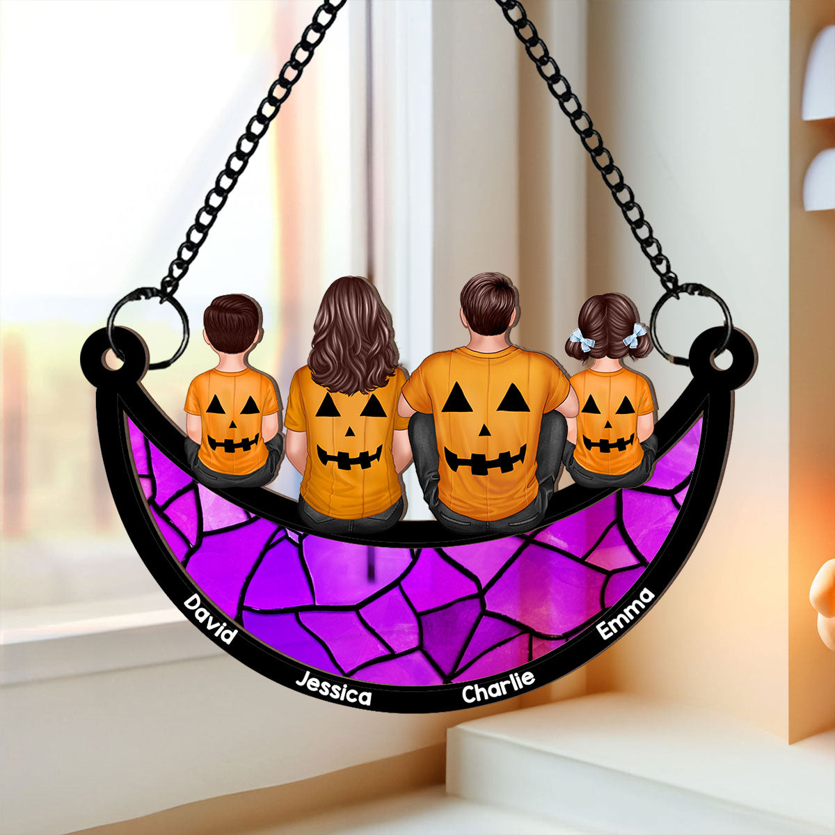 Halloween Family On Moon Personalized Suncatcher, Halloween Decoration