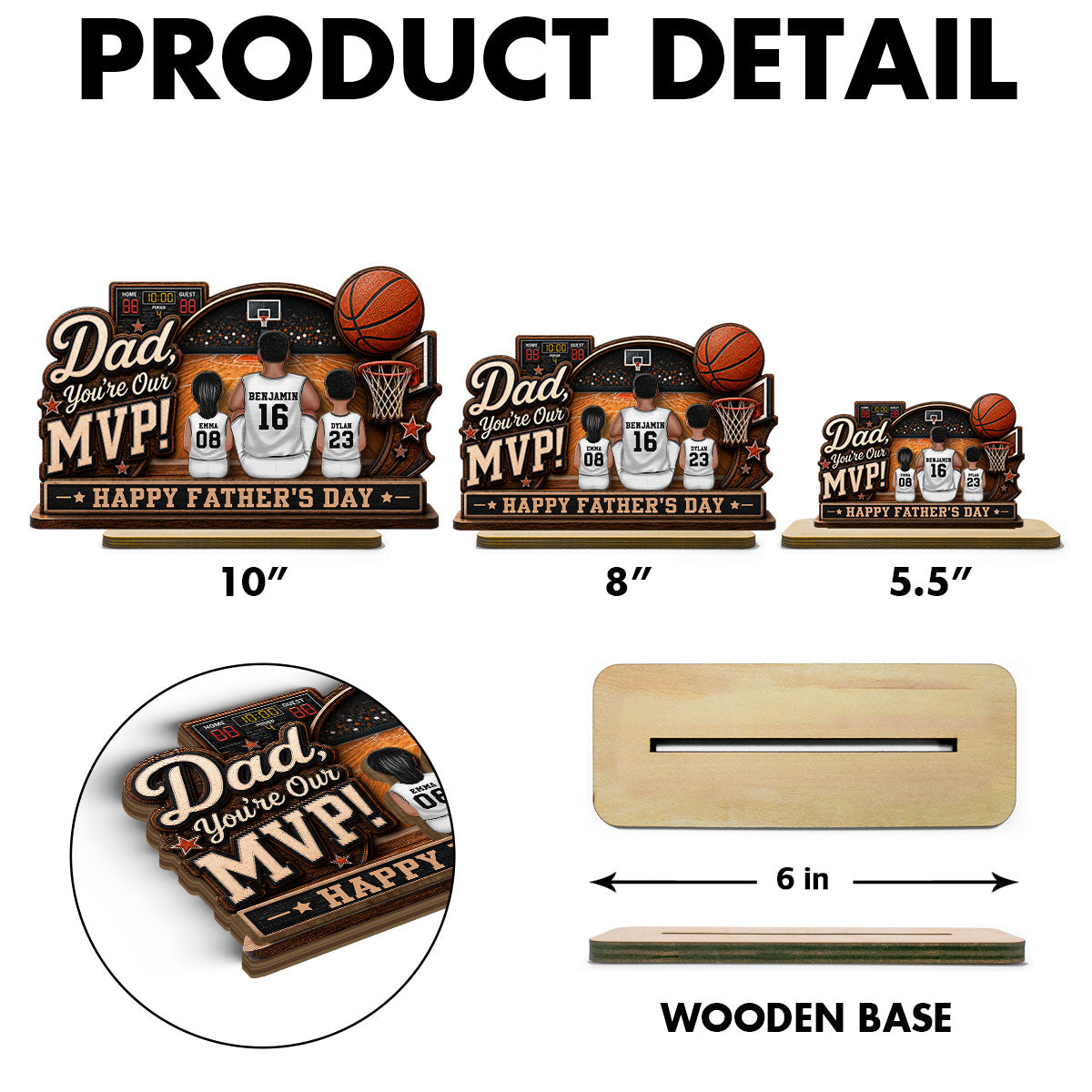 Dad You Are Our MVP Sitting Basketball Man & Kids 2D Flat - Personalized 2-Layered Wooden Plaque - Father's Day Gift For Basketball Dad