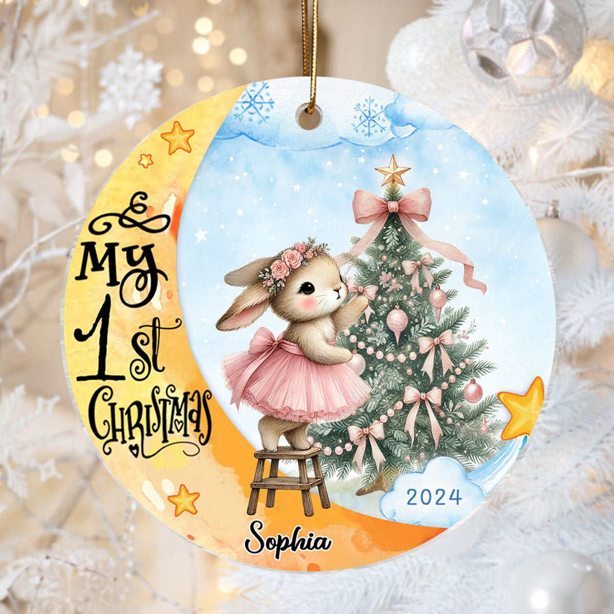 Baby's First Christmas Rabbit On Moon Personalized Acrylic Ornament, Baby's First Christmas Keepsake for New Mom New Dad
