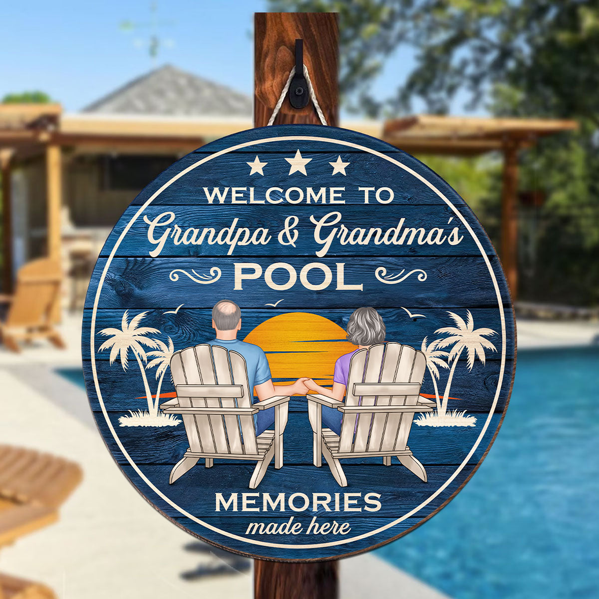Welcome To Grandpa Grandma Grandparents Pool Summer Retro Vintage Personalized Wood Sign