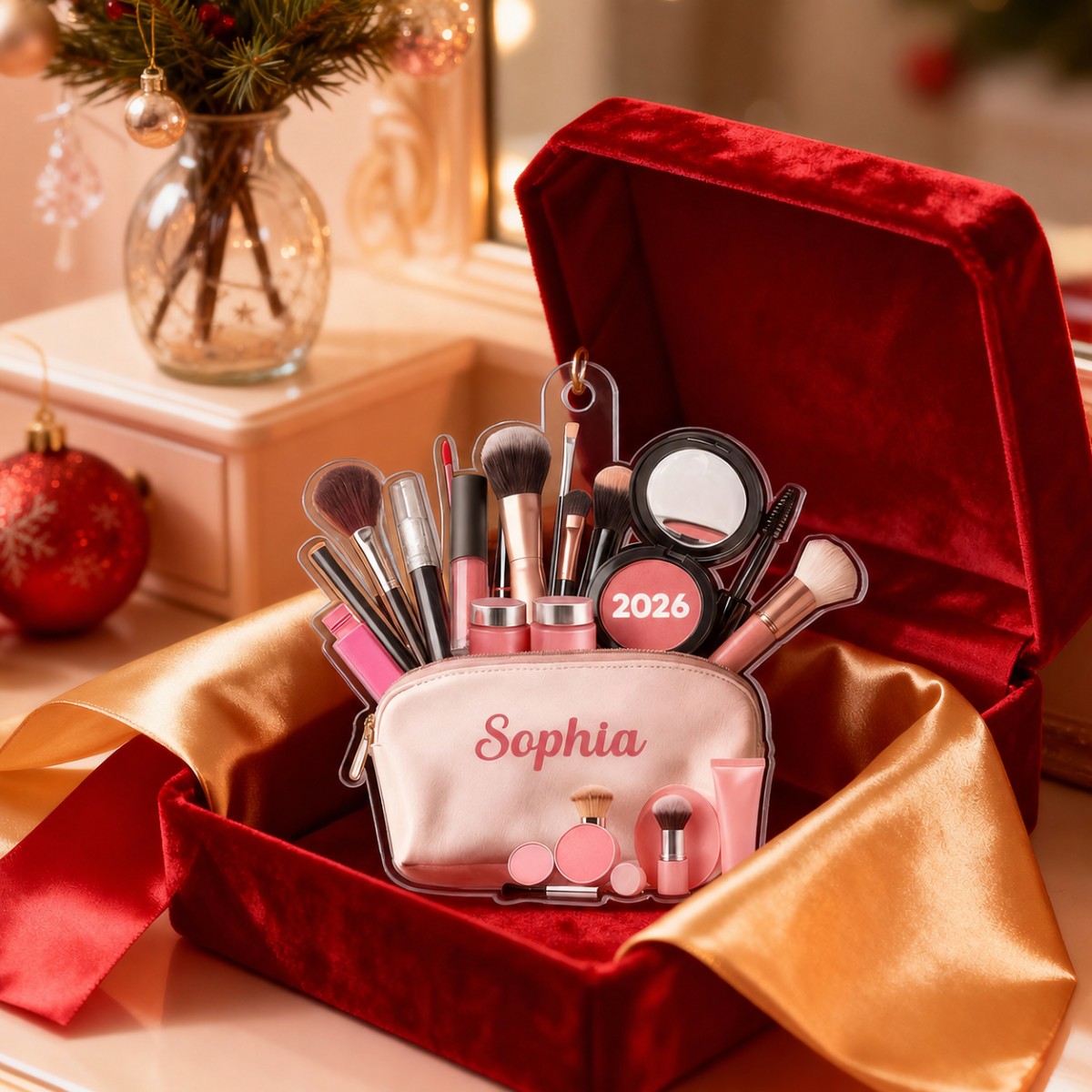 3D Effect Makeup Bag Beauty Brush - Personalized Acrylic Ornament - Christmas Gifts For Makeup Lovers, Christmas Tree Decor