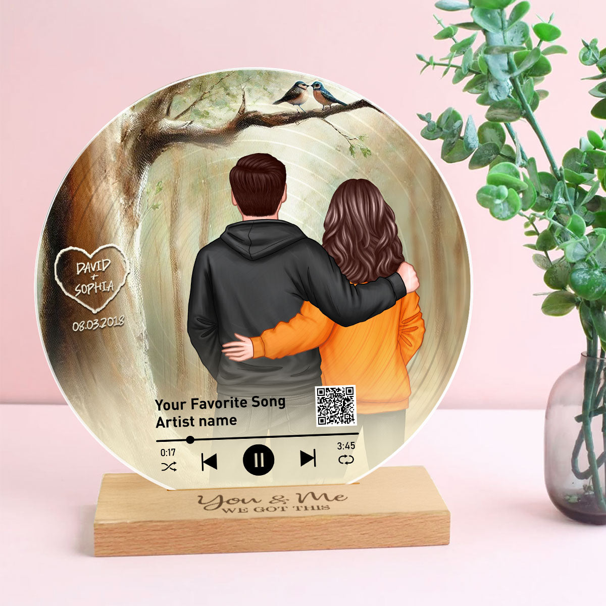 Couple Birds On Tree Personalized Vinyl Record, Scannable QR Code, Custom Names & Anniversary Date, Gift For Him, For Her