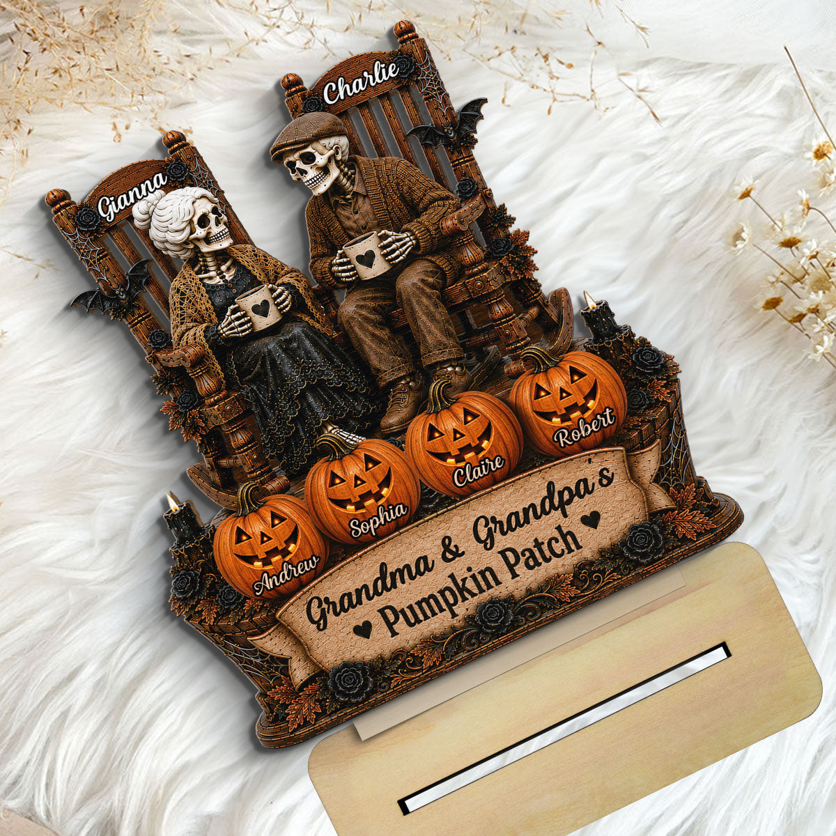 Grandma Grandpa Skeleton Pumpkin Patch 2D Flat - Personalized Wooden Plaque - Halloween Gift