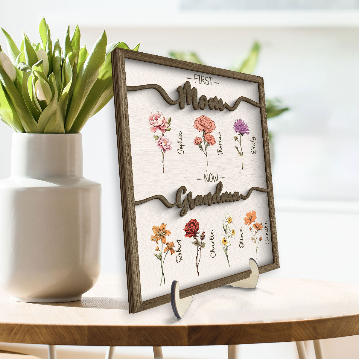 First Mom Now Grandma Vintage Birth Month Flowers Personalized 2-Layer Wooden Plaque, Heartfelt Gift For Grandma, Mom