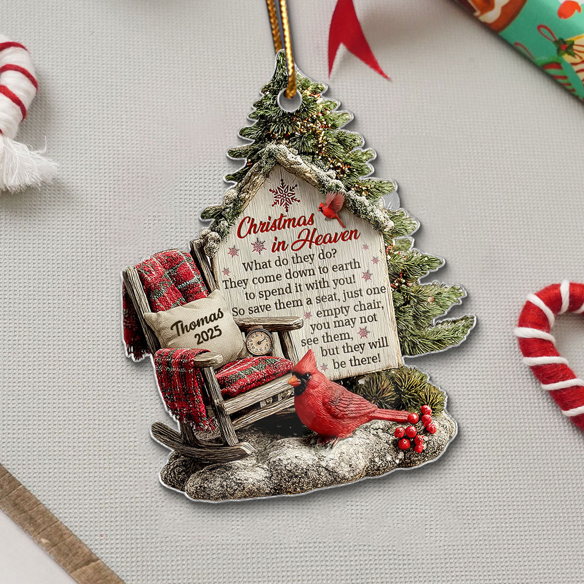 3D Effect Memorial Chair On Christmas - Personalized Wooden Ornament - Christmas Memorial Keepsake For Family