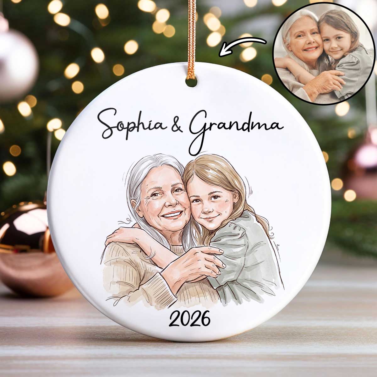 Custom Photo Grandma Grandkid Watercolor Style - Personalized Ceramic Ornament - Christmas Gift For Grandkids, Grandma
