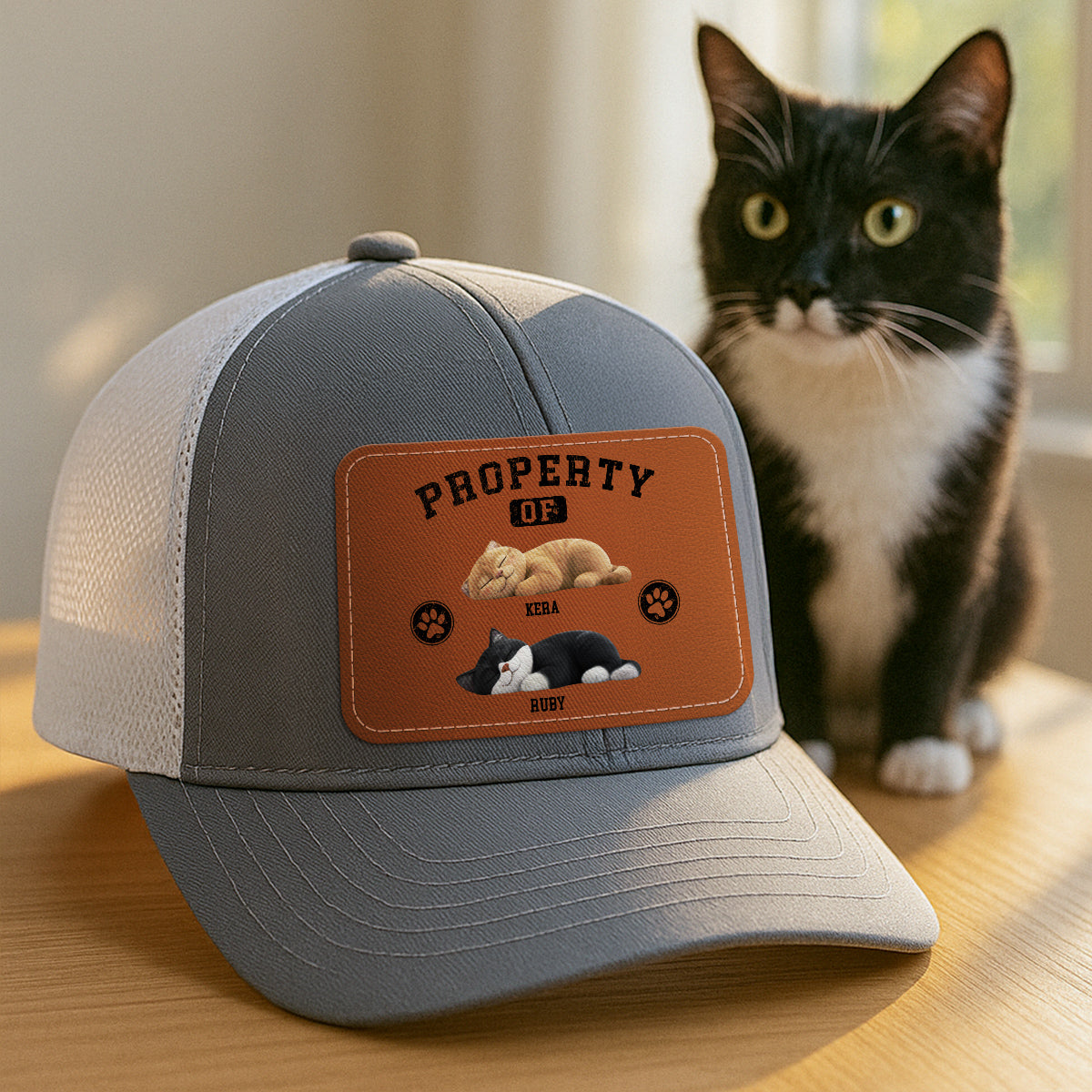 Property Of Cute Sleeping Cats Personalized Leather Patch Hat, Father's Day gift