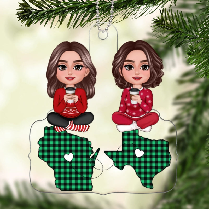 Doll Besties Sitting On State Maps Long Distance Friendship Personalized Acrylic Ornament