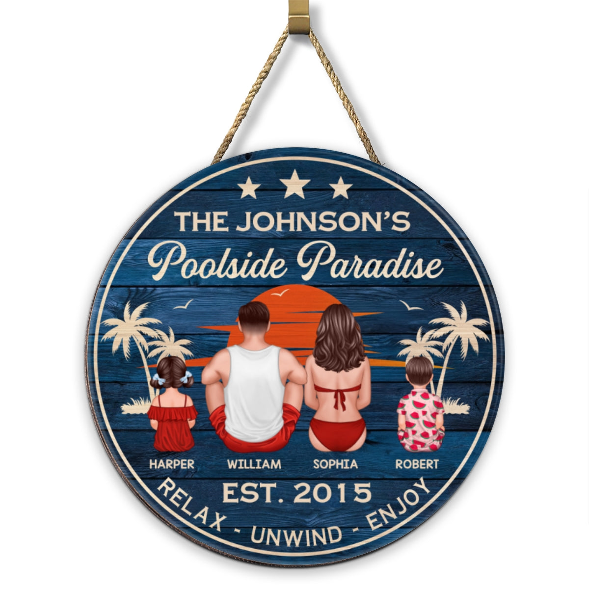 Relax Unwind Enjoy Poolside Paradise Family Sitting Personalized Wood Sign