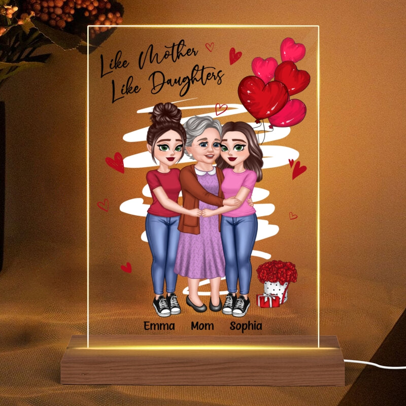 Red Hearts Mother Daughters Hugging Personalized Acrylic LED Night Light