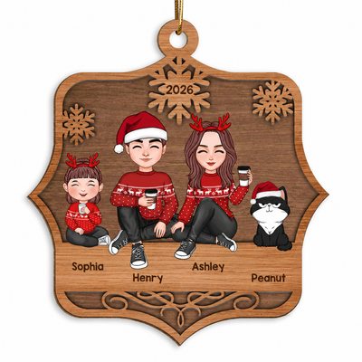 Cute Family Sitting Family Name Personalized Wooden Ornament