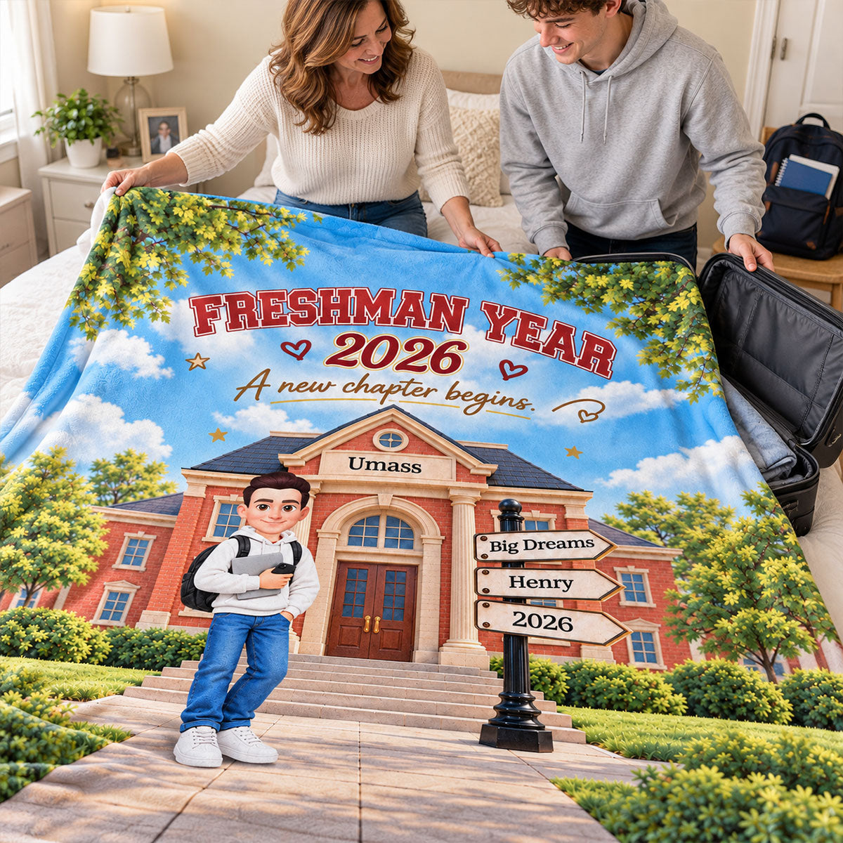 Freshman Year Campus A New Chapter Begins - Personalized Fleece Blanket - Christmas Gift, Back to School Gift for College Students