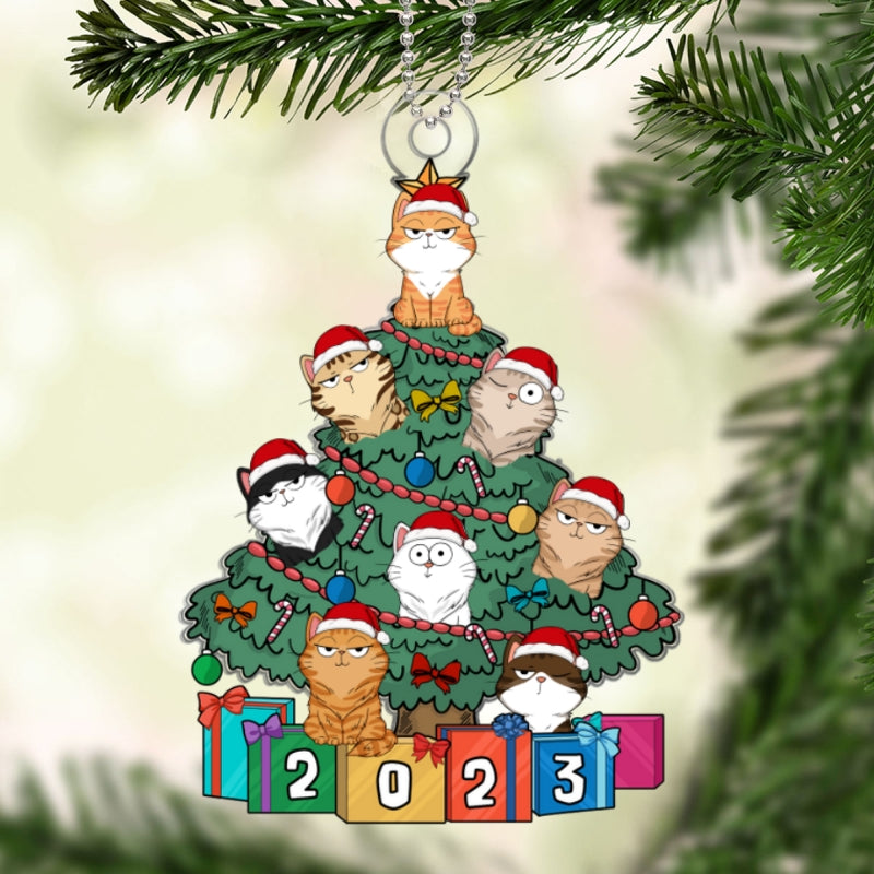Funny Expression Cats On Christmas Tree Personalized Acrylic Ornament