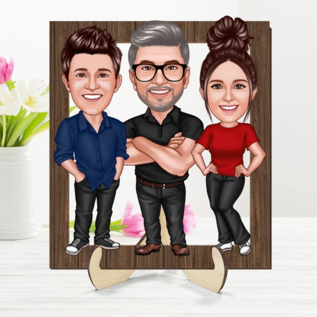 Dad Grandpa Kids Caricature Frame Personalized 2-Layer Wooden Plaque, Father's Day Gift For Dad, For Husband, For Him