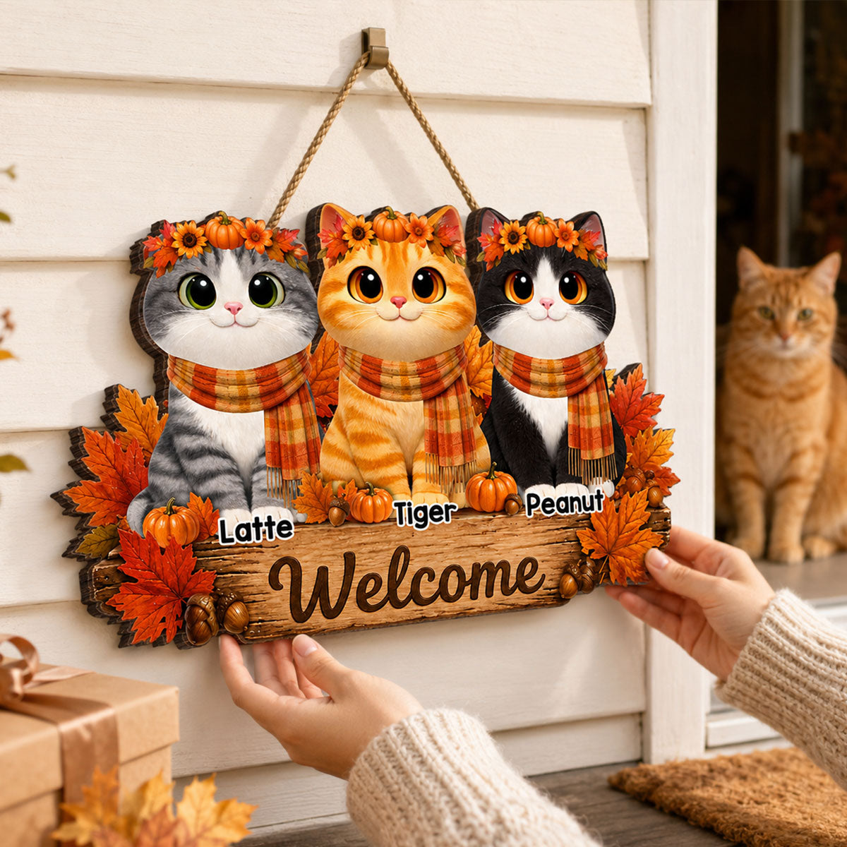 Fall Cats Welcome Door Sign - Personalized Door Sign - Fall Season Decor Gift, Gift For Cat Lovers
