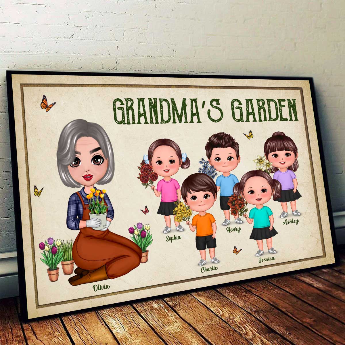 Grandma‘s Garden Doll Woman And Grandkids Birth Flowers Personalized Poster