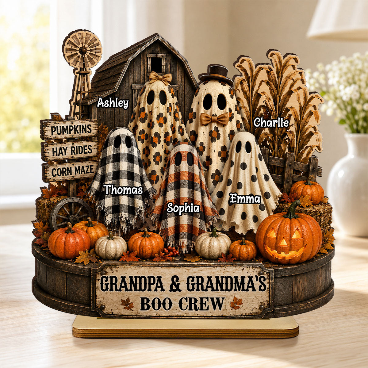 Grandma Grandpa's Boo Crew Pumpkin Patch - Personalized 2-Layered Wooden Plaque - Halloween Fall Decor for Grandparents