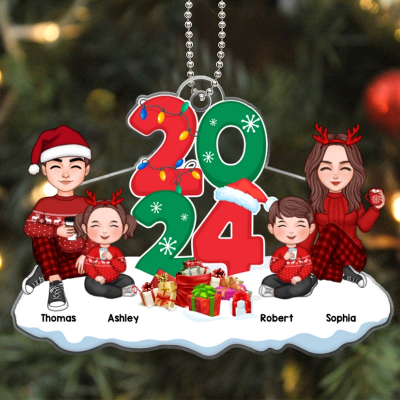 Cute Family Dad Mom Kids Dogs Cats Sitting By 2024 Christmas - Personalized Acrylic Ornament