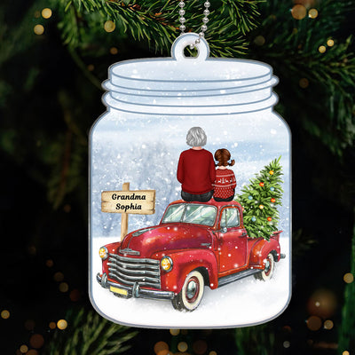 Grandma Grandkid Sitting On Christmas Truck In Mason Jar Personalized Acrylic Ornament