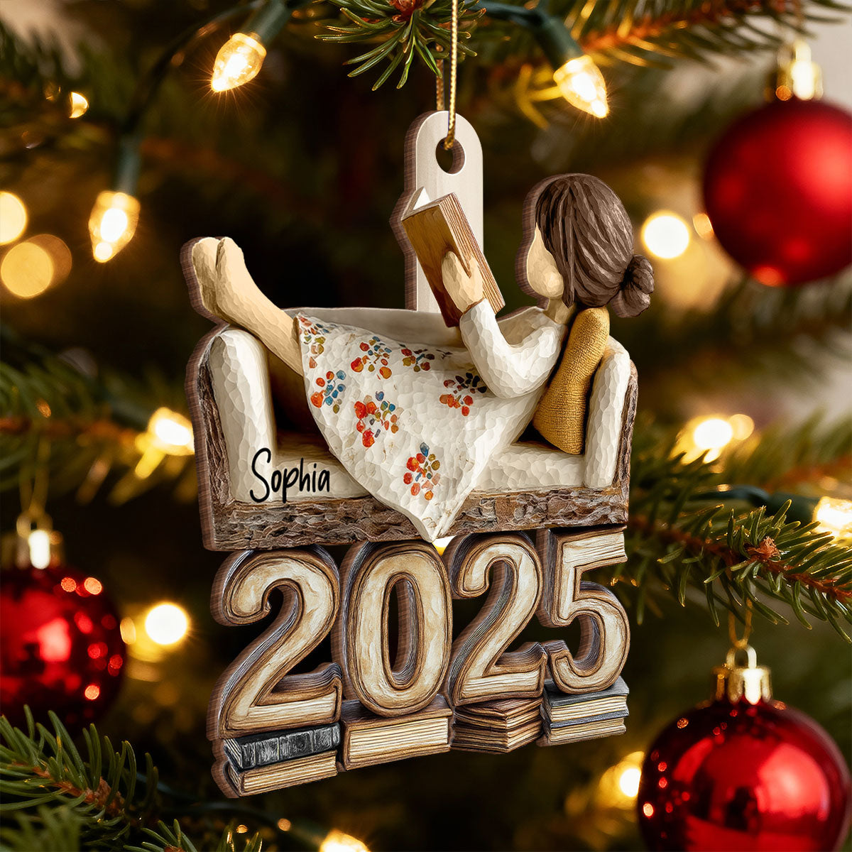 3D Effect Girl Reading Book Sofa 2025 - Personalized Wooden Ornament - Christmas Gift For Book Lover, Bookworm