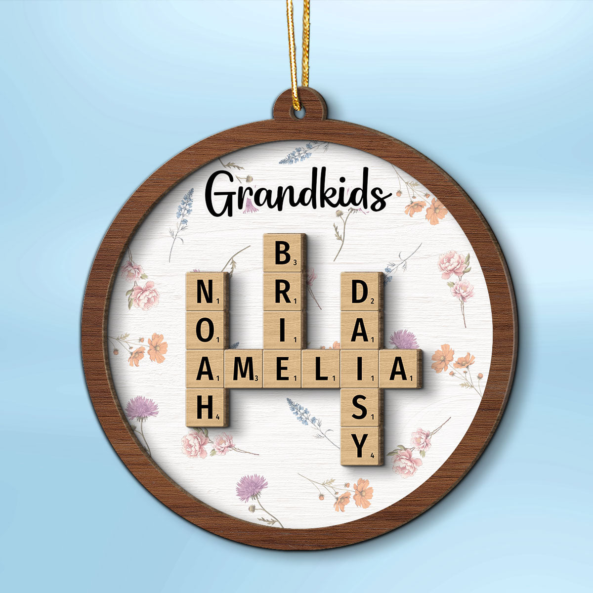 Grandkids Grandma's Garden Crossword Puzzle Art Birth Month Flower Personalized 2-Layer Wooden Ornament