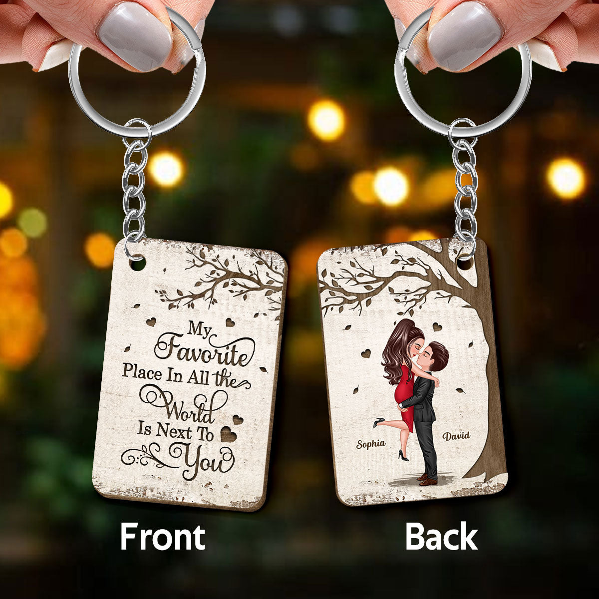 Favorite Place In The World Couple Kissing Personalized Wooden Keychain